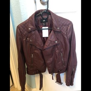 H&M maroon belted faux leather motor jacket